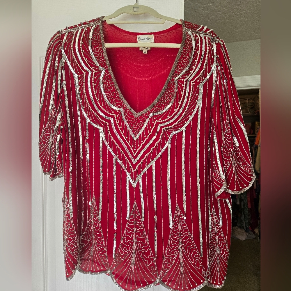 Vintage Neiman Marcus Red V-Neck Beaded Sequin Evening Top XL